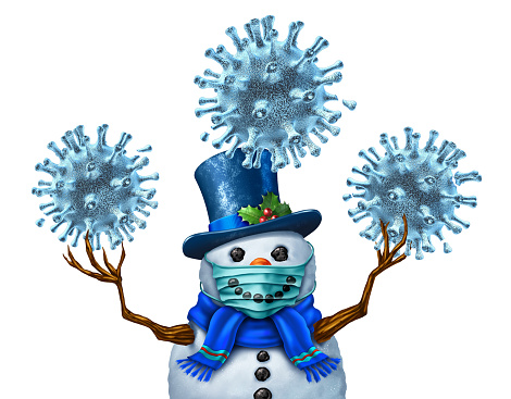 Safe fun winter as a snowman wearing a face mask concept as a holiday Christmas season symbol for health and healthcare disease prevention for preventing a virus with 3D illustration elements.