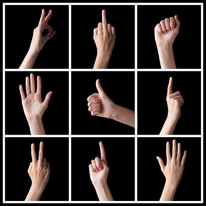 Hands up multiple female caucasian hand gestures isolated on black background