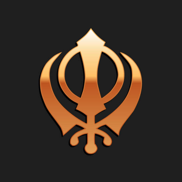 gold sikhismus religion khanda symbol symbol isoliert auf schwarzem hintergrund. khanda sikh symbol. langer schatten-stil. vektor - khanda stock-grafiken, -clipart, -cartoons und -symbole