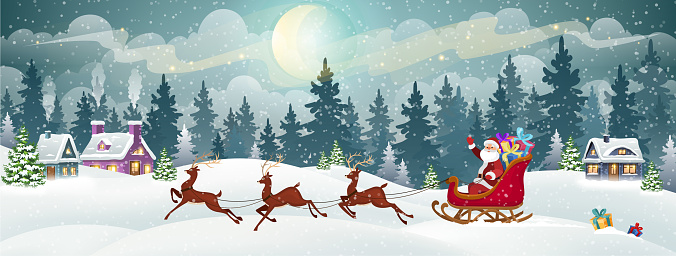 Santa in a sled harnessed by deer, carrying Christmas gifts. Christmas Holiday village scene vector illustration.