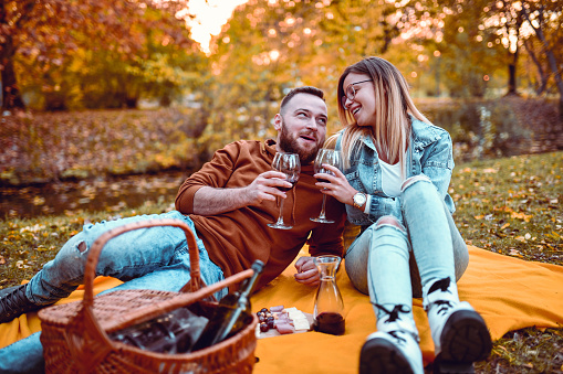 Couple Embracing And Drinking Wine With Food During Park Picnic