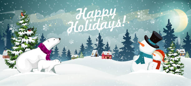 ilustrações de stock, clip art, desenhos animados e ícones de snowmen and polar bears - magical place