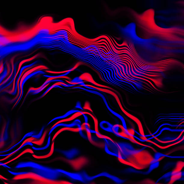 welle abstrakte graph puls rot blau neon wirbel form muster rippled tinte rauch textur schwarz hintergrund digital generiert bild - flüssig grafiken stock-fotos und bilder