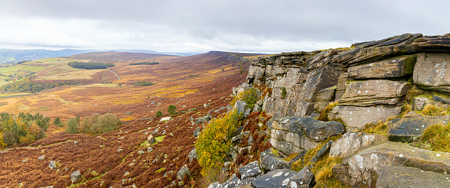 View of Stanage Edge in Peak district, an upland area in England at the southern end of the Pennines, UK