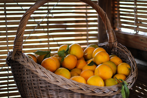 Oranges in a wooden basket