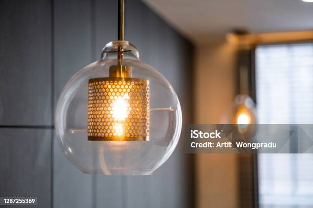 Vintage Luxury Interior Lighting Lamp Cover With Bronze Plate And Transparent Glass Bulb For Home Decor Stock Photo - Download Image Now