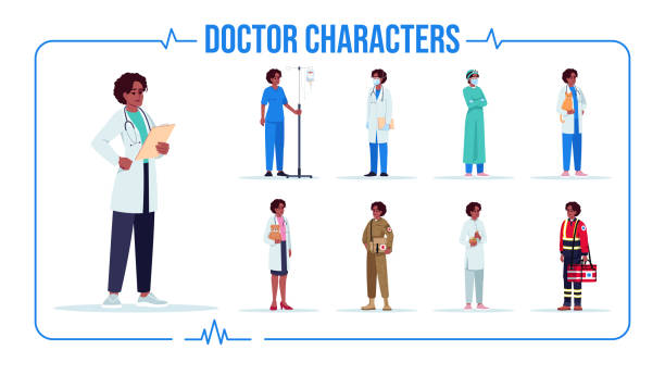 Afro american doctor semi flat RGB color vector illustration set Afro american doctor semi flat RGB color vector illustration set. Paramedic. Animal hospital physician. EMT. Pediatrician. Female doctor. Isolated cartoon one character on white background pack paramedic stock illustrations