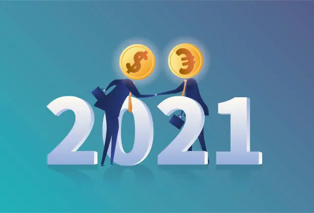Vector illustration of 2021 USD and Euro cooperate for mutual development