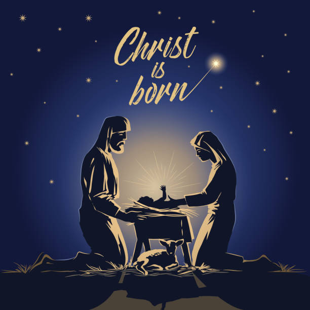 Vector image. Christmas night Mary and Joseph look at the baby Jesus. Little lamb. Vector image Christmas story night baby lies in the manger Mary and Joseph look at Jesus. Savior of the world, light to the world. Greeting card, banner with text. Lettering. jesus christ birth stock illustrations