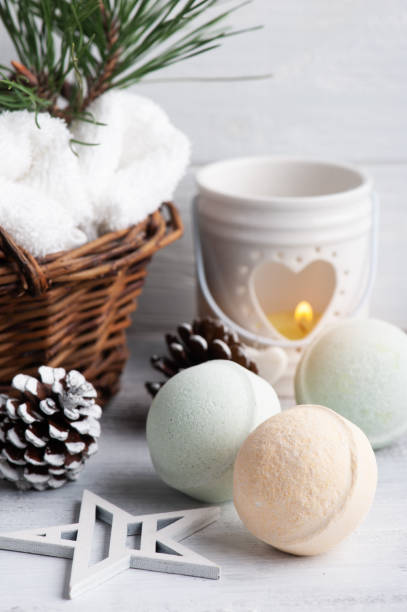 istock Bath bombs in basket in Christmas SPA composition 1287260674