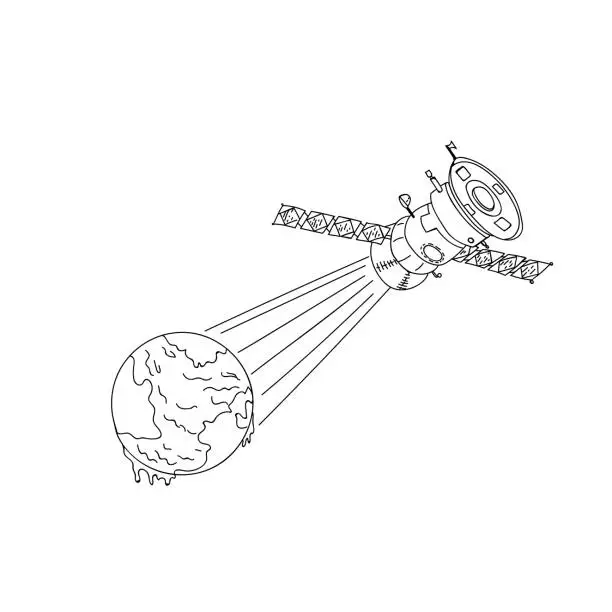 Vector illustration of Vector illustration of a satellite in space sends rays to the earth. Sketch. Global communication concept, 5G, harmful impact on the planet