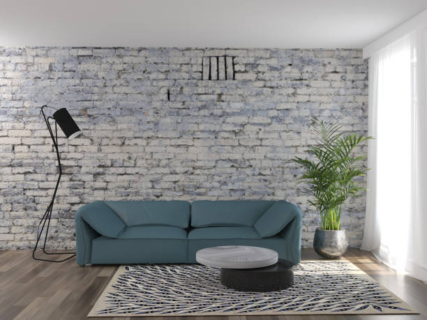 istock 3d rendering of contemporary interior with old brick wal and blue sofa 1287261695