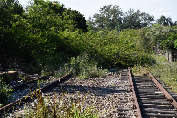 istock Vintage railroad and rusty rails. Abandoned railway station 1287262308