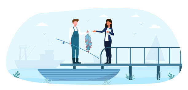 ilustrações de stock, clip art, desenhos animados e ícones de fisherman showing fish haul to female customer on pier - fishing women catching customer