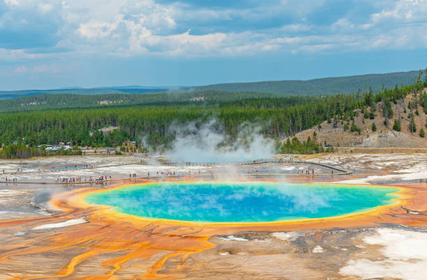 Grand Prismatic Spring, Yellowstone national park Aerial landscape of the Grand Prismatic Spring with elevated walkway and people walking, Yellowstone national park, Wyoming, USA. midway geyser basin photos stock pictures, royalty-free photos & images