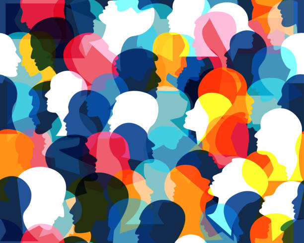 People profile heads. Seamless pattern of a crowd. People profile heads. Seamless pattern of a crowd of many different people profile heads. Vector background. large group of people illustrations stock illustrations
