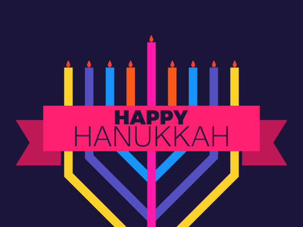 ilustrações, clipart, desenhos animados e ícones de feliz hanukkah. menorah multicolorido com nove velas e fita. cartão de saudação do festival judeu. ilustração vetorial - holiday happiness menorah hanukkah