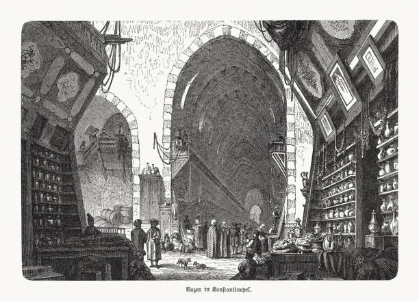 Bazaar in Constantinople, Ottoman Empire, wood engraving, published in 1893 Historical view of the bazaar in Constantinople, Ottoman Empire. Wood engraving, published in 1893. grand bazaar istanbul stock illustrations