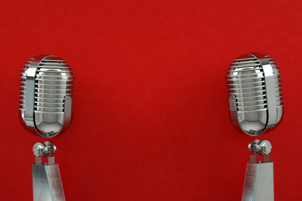 istock Retro Old Microphone, Vintage Style, Red Background 1287265016