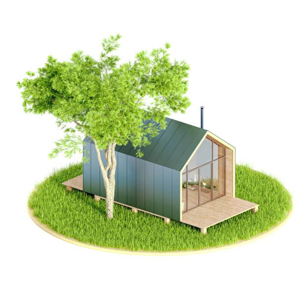 istock Top view modern small white frame tiny house in the Scandinavian style barn with an orange roof on an island with a green lawn and fir trees. 3D illustration on a white background, isolated 1287266318
