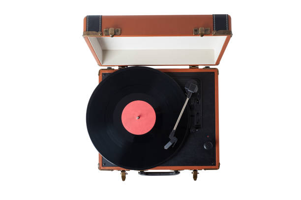 brown turntable gramophone in suitcase, vinyl record player isolated on white background