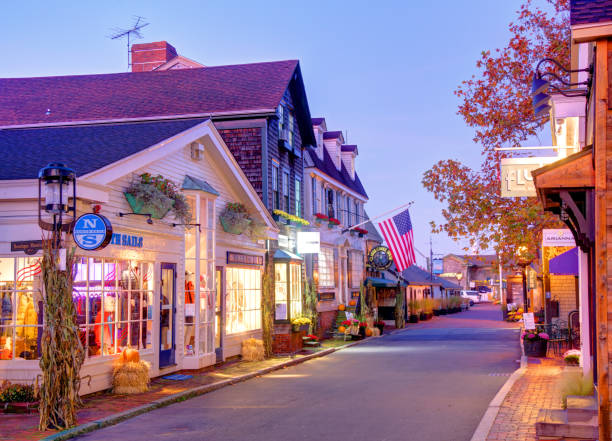 Bowen's Wharf in Newport, Rhode Island Newport, Rhode Island, USA - November 8, 2020: Morning view of shops and restaurants on Bowen's Wharf on the waterfront newport rhode island stock pictures, royalty-free photos & images