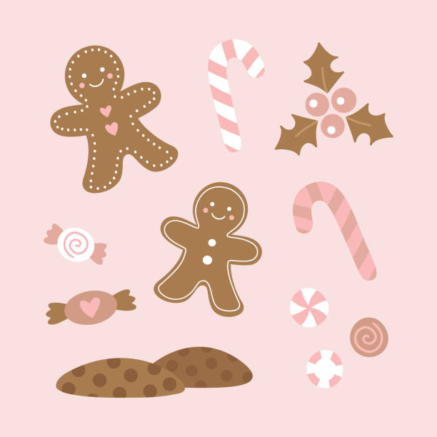 illustrazioni stock, clip art, cartoni animati e icone di tendenza di carino set di illustrazioni vettoriali caramelle dolci natalizie - omino di pan di zenzero