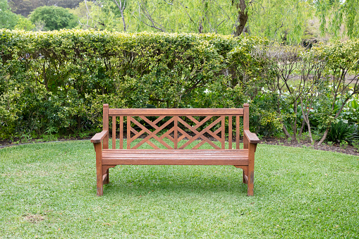 A wooden bench on grass near a hedge in a large garden