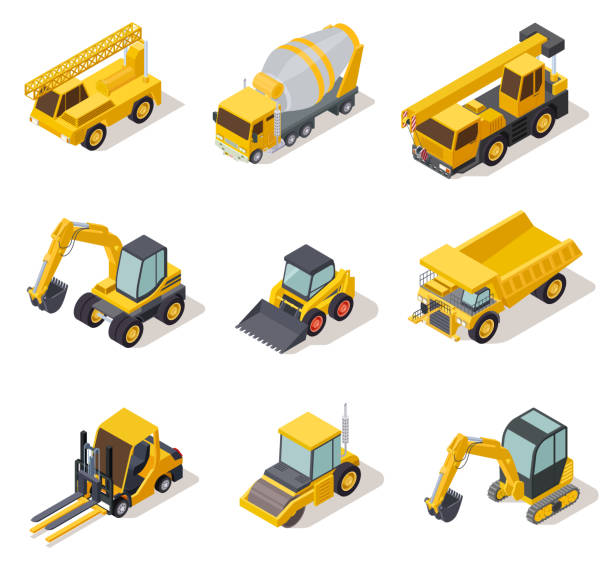 ilustraciones, imágenes clip art, dibujos animados e iconos de stock de maquinaria industrial isométrica. equipo de construcción 3d herramientas eléctricas del vehículo del camión pesada excavadora excavadora mapa conjunto vectorial - bulldozer dozer construction equipment construction machinery