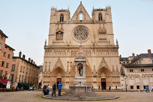 Lyon, France - August 19, 2019. Cathedral Saint Jean Baptiste located on Place Saint-Jean in Lyon, France.