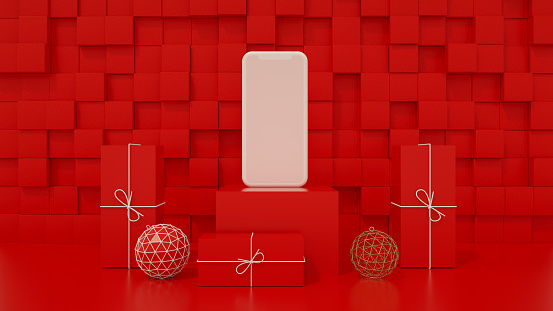 3D rendering of blank screen smart phone, Christmas, New Year Concept. Block shape red background.