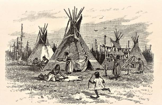 Native American Indian women work and children play in front of teepees. Wild West. Illustration published in First Lessons in Our Country’s History by William Swinton, A.M. (Ivison, Blakeman, Taylor, & Company, New York and Chicago) in 1872.