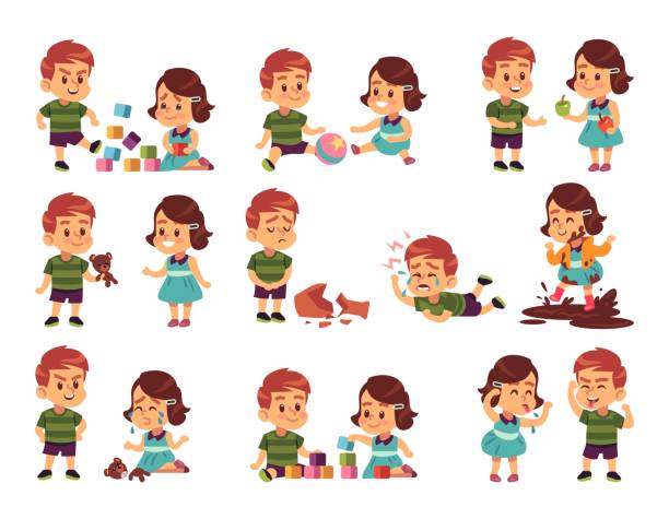Good and bad children. Kids playing peacefully and fighting. Girl and boy communication. People spend time together. Human relationship, friendship and resentment. Vector childhood set Good and bad children. Cartoon kids playing peacefully and fighting. Little girl and boy communication. Human relationship, friendship and resentment. People spend time together. Vector childhood set child misbehaving stock illustrations