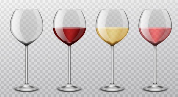 ilustrações, clipart, desenhos animados e ícones de taças de vinho realistas. diferentes tipos de vinho vermelho, branco, rosa coleção de bebidas alcoólicas, copo de vinho vazio, copos de restaurante isolados em fundo transparente, conjunto de vetores de produto - wine glass white wine wineglass