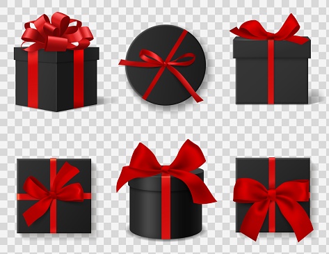 Black gift box. Realistic 3d luxury dark cardboard round and square boxes with red silk ribbons and bows, different angles side and top views. Black friday advertisement elements vector isolated set