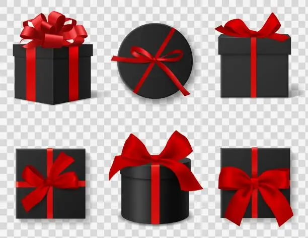 Vector illustration of Black gift box. Realistic 3d dark cardboard round and square boxes with red silk ribbons and bows, different angles side and top views. Black friday advertisement vector isolated set