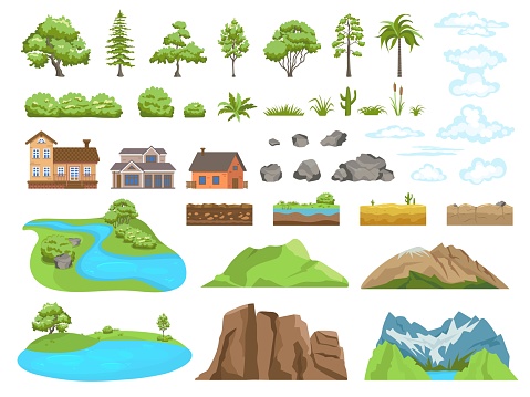 Landscape elements constructor. Natural compatible objects, mountain or cloud, soil types and stones. Collection of plants of temperate and tropical climates, shack or modern houses. Vector design set