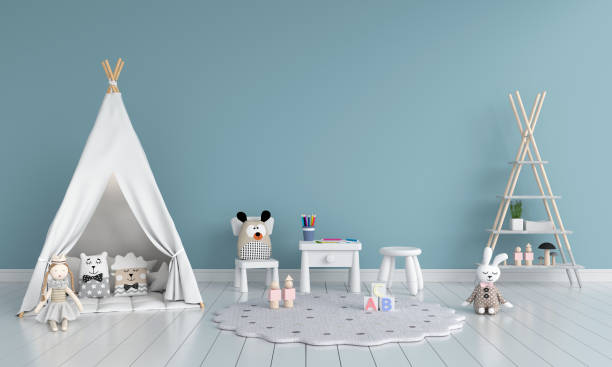 istock Teepee in child room interior for mockup, 3D rendering 1287277507