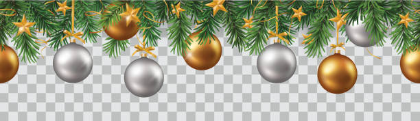 緑の枝と金と銀のクリスマスの装飾とベクトルシームレスなパターン - christmas gold green backgrounds点のイラスト素材／クリップアート素材／マンガ素材／アイコン素材