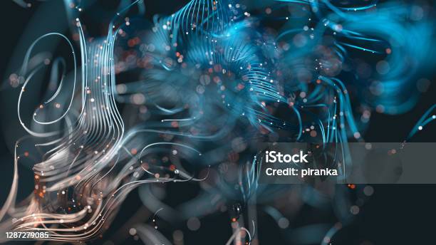 Abstract Wavy Wires And Particles Stock Photo - Download Image Now - Backgrounds, Abstract, Data
