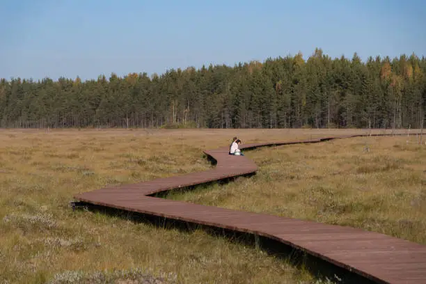 Saint-Petersburg. Russia - October 5,2020: People seated on wooden walkway on the territory of Sestroretsk swamp reserve.