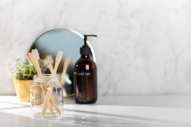 istock Zero waste bathroom accessories - mirror, toothbrushes, body lotion 1287282275