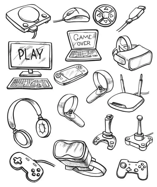 Vector illustration of Virtual Reality And Computer Games Doodle Set