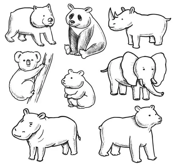 Vector illustration of Overweight Animals Doodles Set