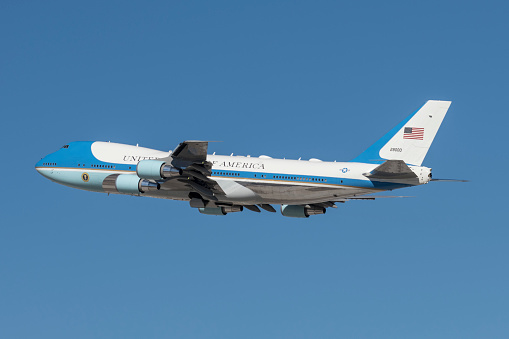 Las Vegas, USA - October 28, 2020: Air force One with President Trump on board departs McCarran International Airport, Las Vegas, Nevada, USA.