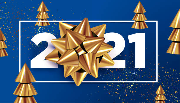 istock 2021 New Year typographic sign with golden bow surrounded christmas decoration on classic blue background. Vector illustration 1287292390