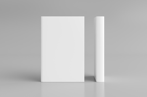 Two hardcover vertical white mockup books standing on the white background. Blank front cover and spine of book. 3d illustration