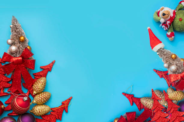 istock Christmas gift, velvet ribbons, decorations on blue background 1287294772