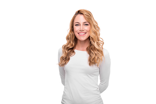Happy smiling blonde woman. Isolated on white.
