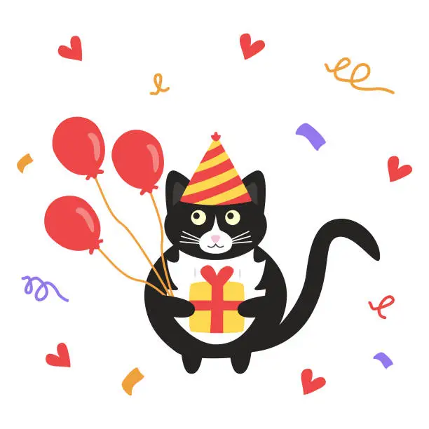 Vector illustration of Cute black cat with a gift box in his paws in a multi-colored cap with red balloons and a serpentine on the background.